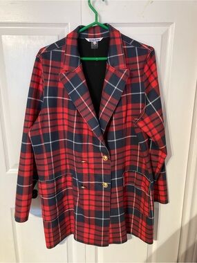 Peter Nygard Red and Navy Plaid Double-Breasted Blazer